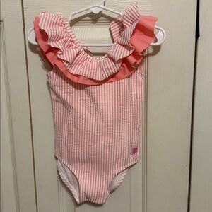Ruffle Butts pink ruffle and striped one piece